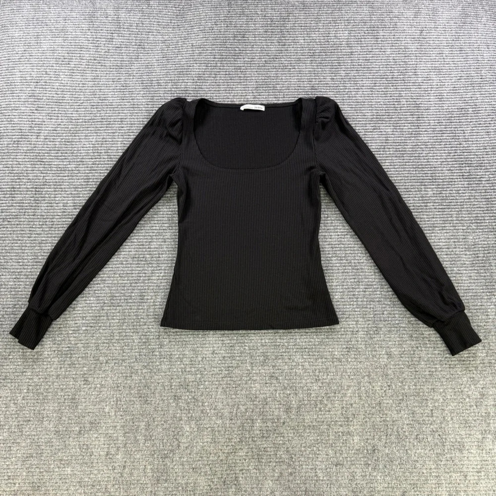 Reformation Jeans Black Ribbed Scoop Neck Puff Sleeve Top Womens XS USA Made